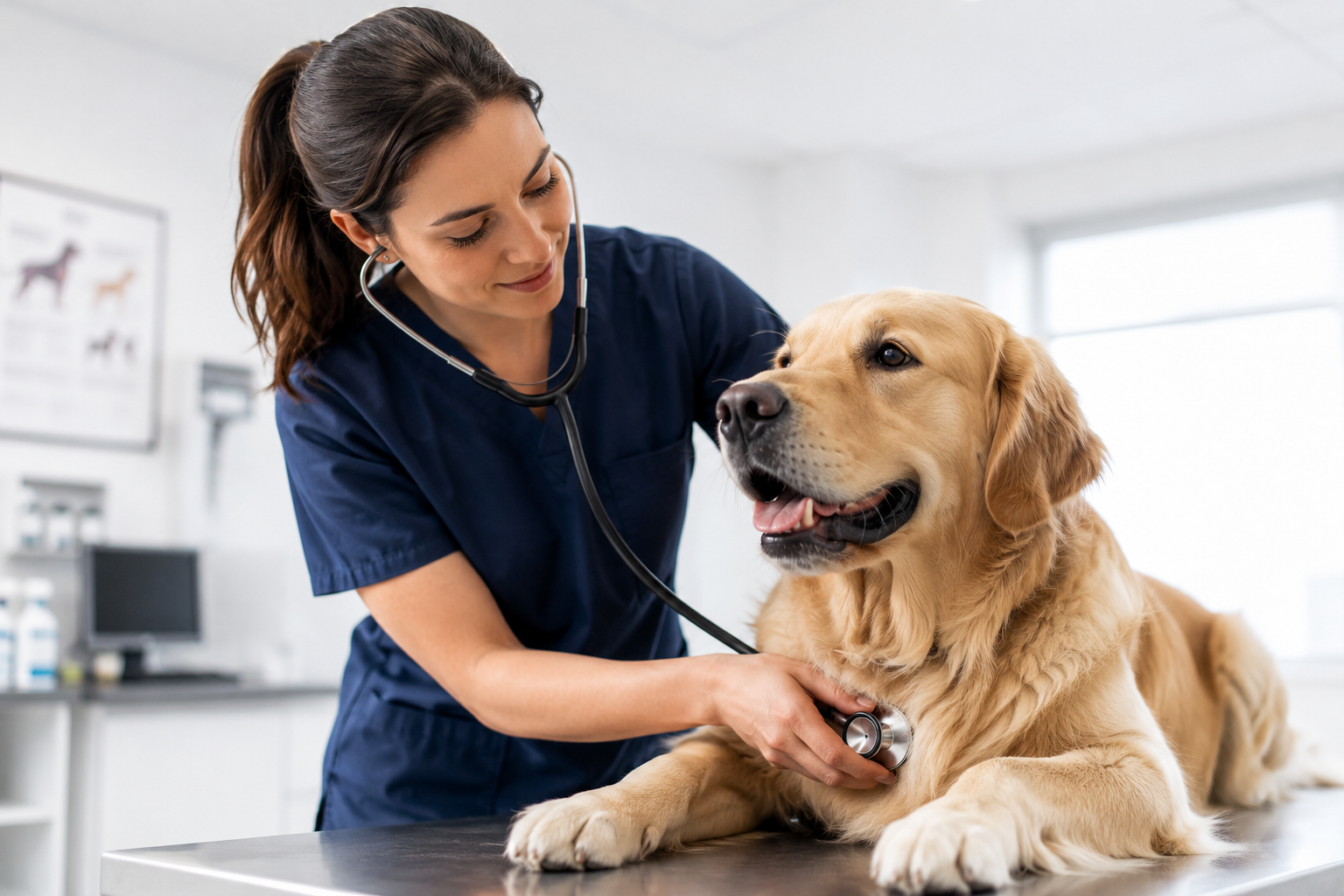 Veterinarian examining a dog in clinic