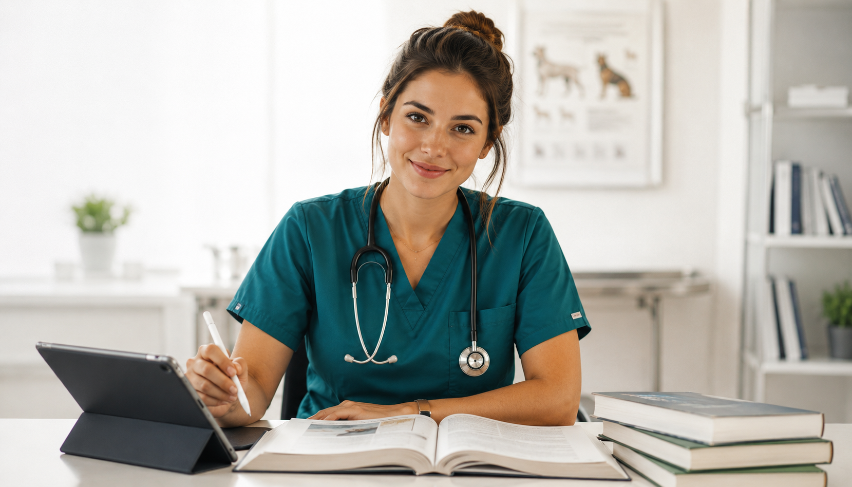 Veterinary student studying with tablet and textbooks